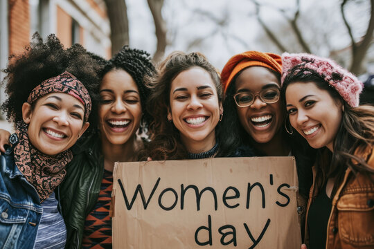 Diverse group of happy smiling women holding a sign with written words Women's day for International women's day or IWD which happen on March 8