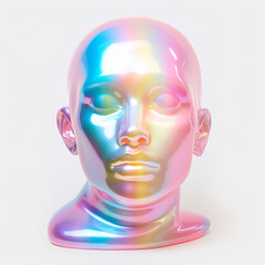 3d rendering of a human head with a colored glass surface. 3d illustration of a mannequin head with neon light effect. holographic mannequin head on white background