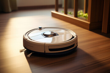 Robot vacuum cleaner on the floor. AI generative.