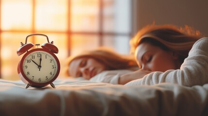 Alarm clock on bedside table in bedroom with woman sleeping on bed in blurred background.