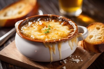 Delicious onion soup with croutons in a plate on the table. French cuisine.
