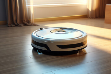 Robot vacuum cleaner, on a wooden floor. AI generative.