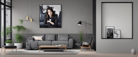 Minimalist home interior design of modern living room, sofa table, generative ai