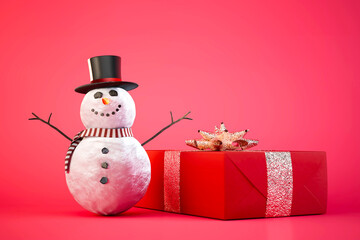 smiling snowman in hat and scarf with gift box on red background. 3d render. illustration