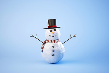 smiling snowman in hat and scarf on blue background. 3d render. illustration