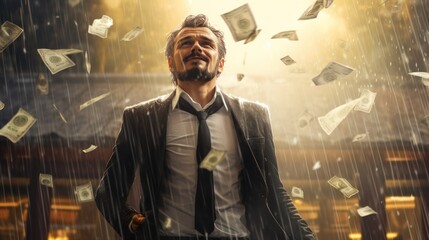 Attractive man stands under money fly rain