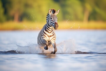 Fototapeta na wymiar zebra kicking up water as it trots from lake