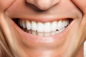 Obraz premium A beautiful man's smile with white, even teeth. Dentistry, teeth whitening, orthodontist advertising.