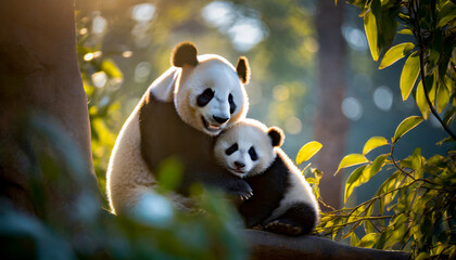 panda bear and its cub sitting in the eucalyptus tree, generative ai - obrazy, fototapety, plakaty