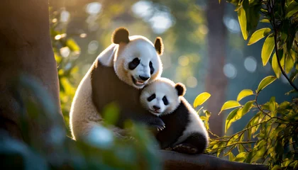 Fotobehang panda bear and its cub sitting in the eucalyptus tree, generative ai © Mathias Weil