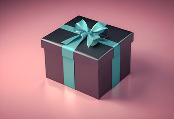 Fototapeta premium Elegant black gift box with turquoise ribbon on a pink background.