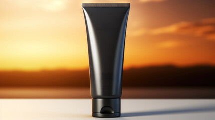 Close up of black cream tube mock-up on blurred background. Layout for cosmetics. Copy space. Generative AI