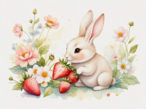 Watercolor a cute kawaii Rabbit eating strawberries, colorful flowers in pale colors on the background