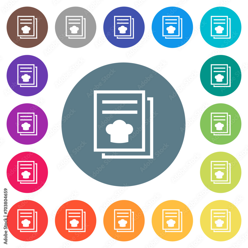Poster cookbook with chef hat flat white icons on round color backgrounds