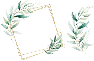 Geometric golden frame and bouquet with green watercolor leaves, isolated illustration