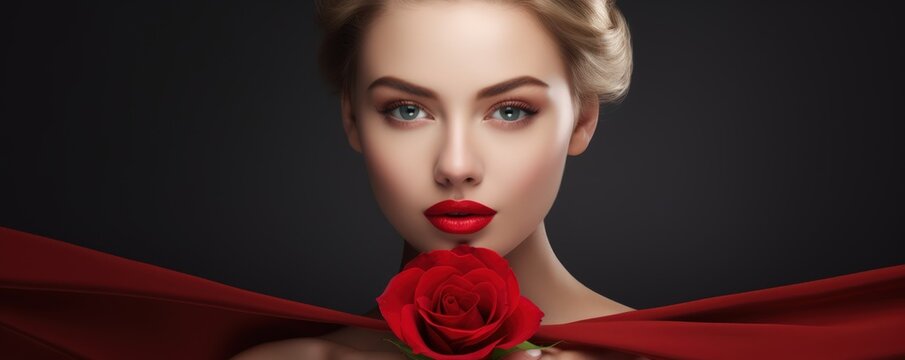 beautiful young woman, her lips painted in striking red, elegantly holding a banner embellished with a red rose.