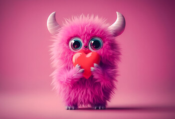 Cute furry pink monster with big eyes and white horns holding a heart on a pink background. Symbolizing love and Valentine's Day.