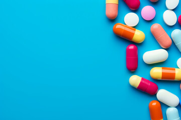 Diferentes pastillas y medicamentos sobre fondo azul. - obrazy, fototapety, plakaty