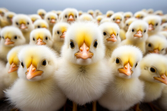 Grupo de pollitos amarillos mirando a c&aacute;mara.