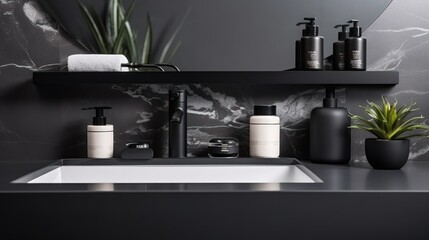 Body care cosmetics with accessories near sink in black bathroom.