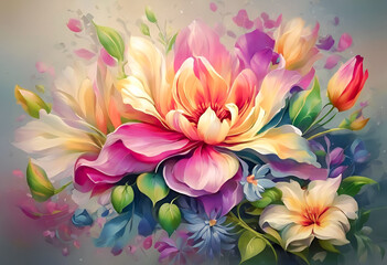 Vibrant digital painting of assorted colorful flowers with a soft-focus background and floating petals.