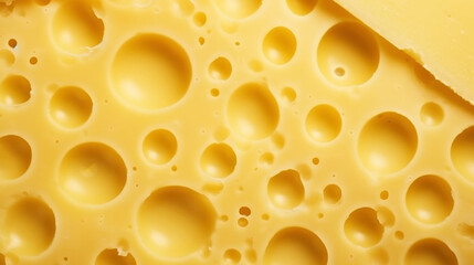 Close-up of cheese slice structure with holes. Food background. Generative AI