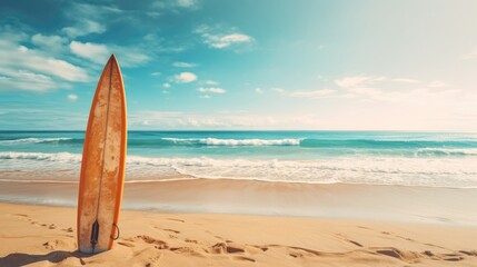 Surfboard on sand tropical beach sea and sky background. summer vacation - Powered by Adobe