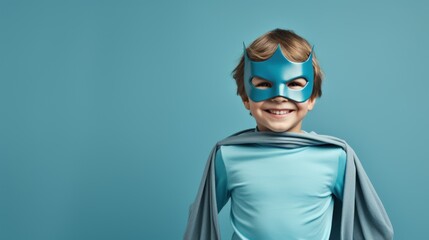 Against a serene pastel blue backdrop, a boy confidently sports his superhero costume.