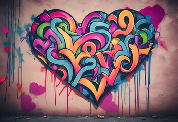 Colorful graffiti of a heart with paint drips on a textured urban wall, symbolizing vibrant love and street art creativity.