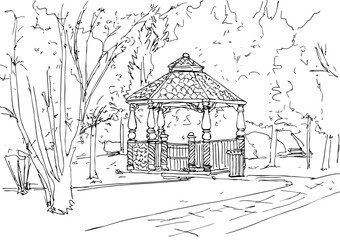 The city drawing, gazebo in the park. Ink sketch
