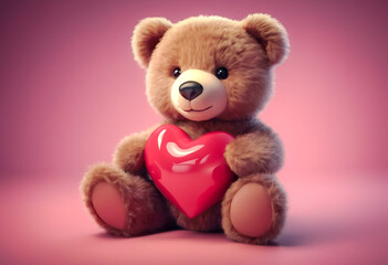 Fototapeta premium A plush teddy bear holding a red heart, with a pink background, conveying warmth and affection. Ideal for Valentine's Day themes.