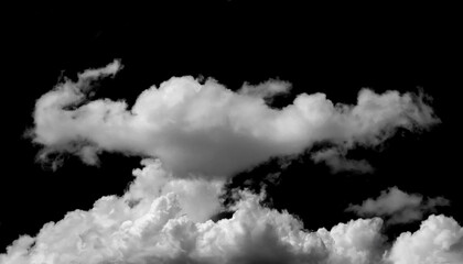 Large white clouds. Cloud isolated on black sky with fluffy white cloudscape texture. Black sky nature background, cloudy, white and black, horizontal