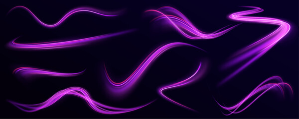 Light line neon swirl effect. Vector glitter light fire flare trace. Bokeh glitter round wave flying sparkling flares. Futuristic flying luminous power beam with twinkle.