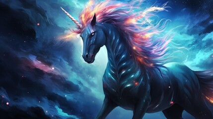 A majestic unicorn on moonlight at forest under the night sky fantasy background. AI generated
