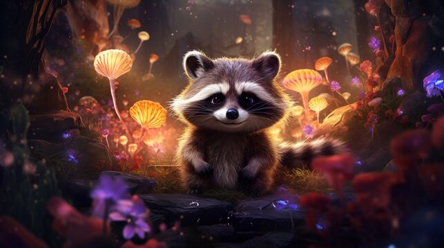 A Cute Little Raccoon on fantasy style a Magical forest. AI generated image