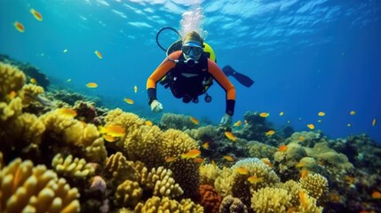 Diver swimming around in Banda, Indonesia underwater photo. There are sponge, reef fishes,