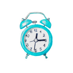 Alarm clock, clock, green, watch, dial, clock face,  hand painted watercolor illustration	