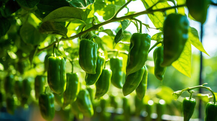 Growing organic green peppers in a greenhouse. Healthy vegetables concept. Generative AI