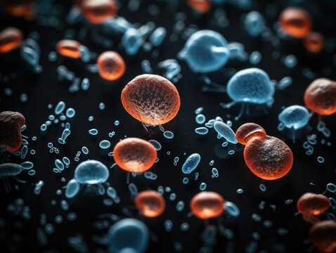 A group of red and blue cells. Generative AI.
