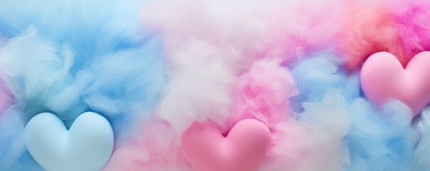 Colorful heart shape cotton candy, pastel color background. top view - obrazy, fototapety, plakaty