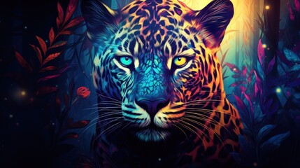 Abstract Fantasy Colorful Leopard wild Cat Animal on dark background. AI generated image - obrazy, fototapety, plakaty