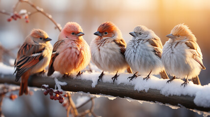 Sparrows on snow in winter, natural scene