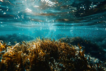 Underwater view with seaweed. Underwater sea deep, sea deep blue sea. World seagrass day or World seaweed day concept - obrazy, fototapety, plakaty