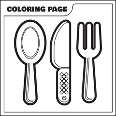 coloring page of spoon, knife, and fork vector illustration