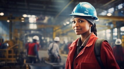 Female Factory African American worker wearing a safety helmet in the background of a production line.