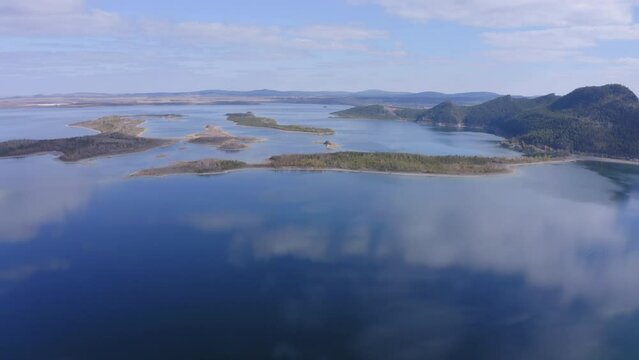 Aerial drone footage of Ulken Shabakty - Lake Great Chebachye Lake in Natonal park Burabay Borovoe , Kazakhstan