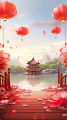 Celebration Chinese New Year in china town. Paper red lanterns. Chinese New Year concept. Generative Ai