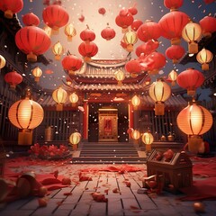 Celebration Chinese New Year in china town. Paper red lanterns. Chinese New Year concept. Generative Ai