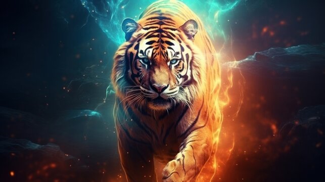 Fantasy roaring wild tiger crossing the street in dramatic view. AI generated image