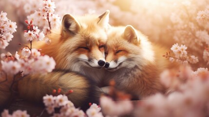 Couple animal fox cuddle hug in blossom flowers field in blur background. AI generated image - obrazy, fototapety, plakaty